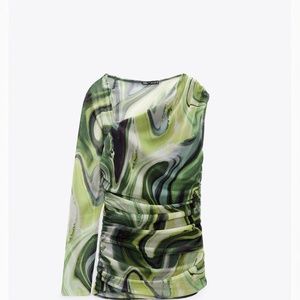 Green printed tulle one shoulder top Zara